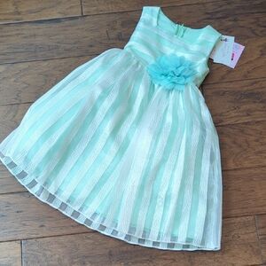 Kid's Dream Mint and White Striped Dress with Floral Detail